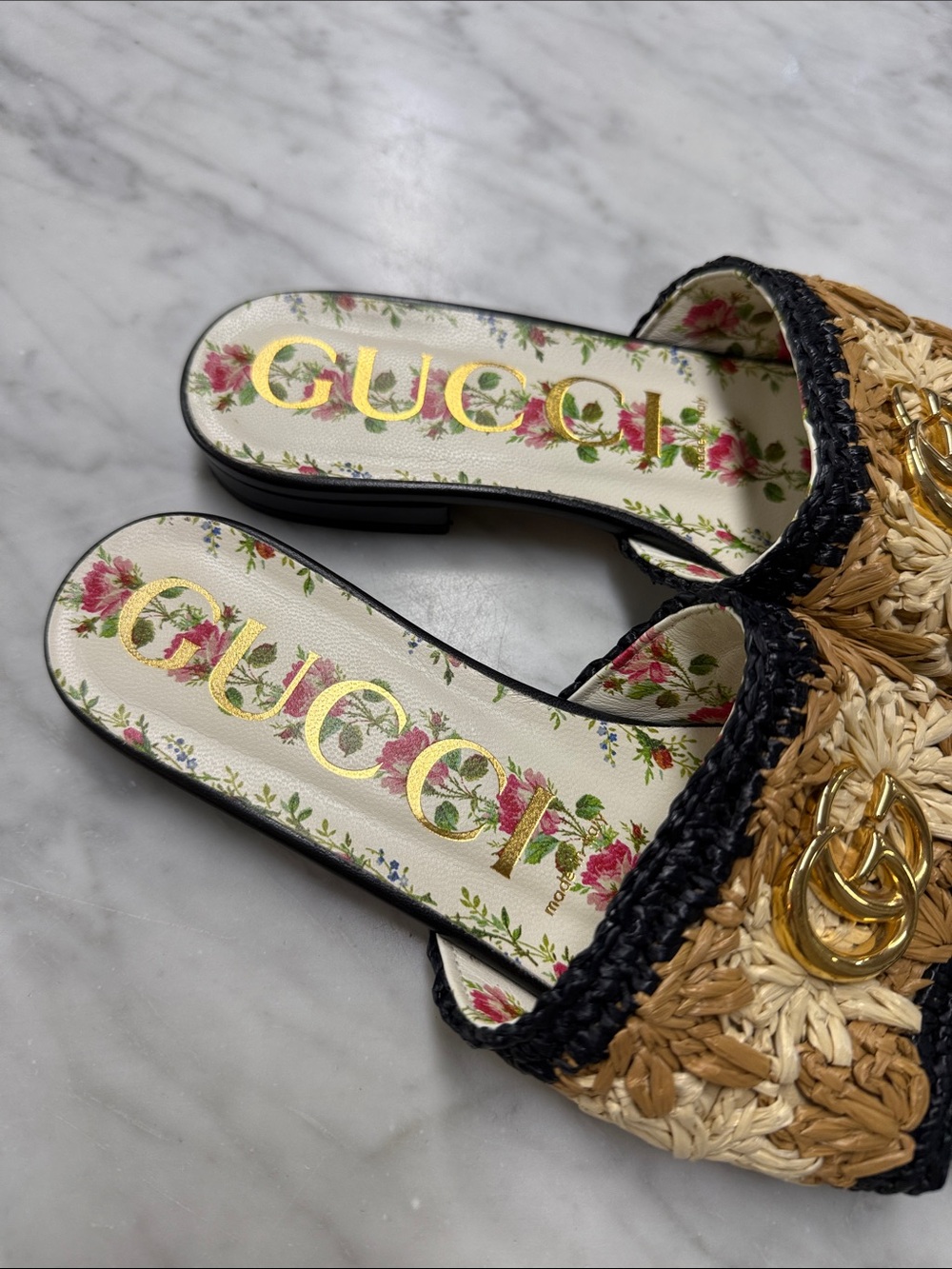 Gucci Jolie Raffia Crochet Flower Slide Sandal Size 37.5 - Picture 3 of 10
